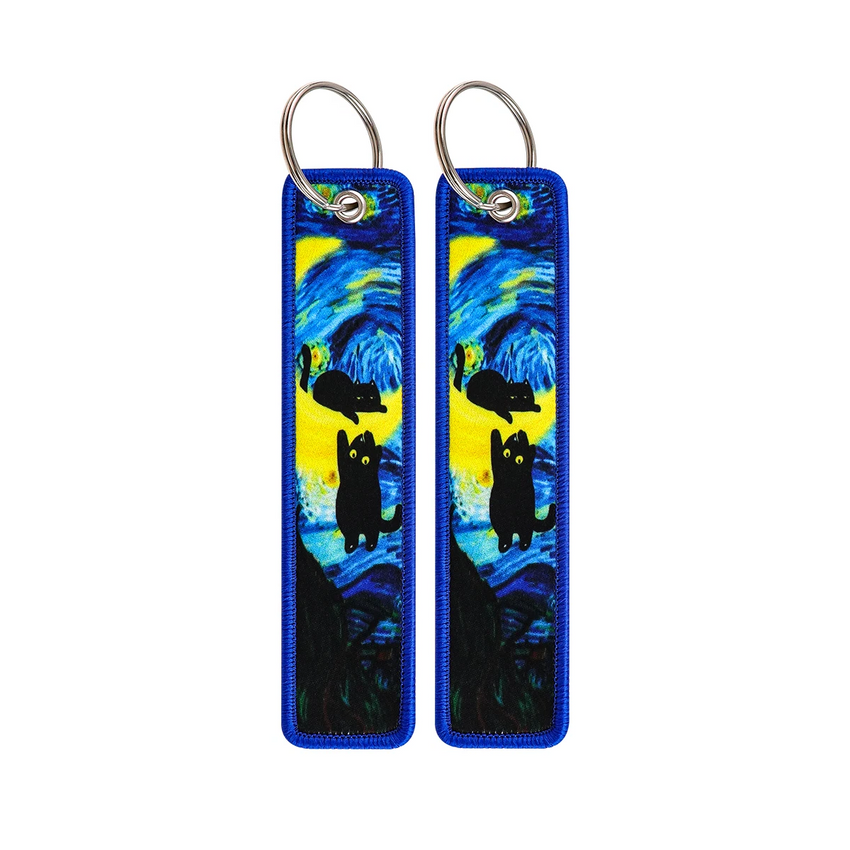 Black Cat Night Crawl Embroidered Keyring Keychain