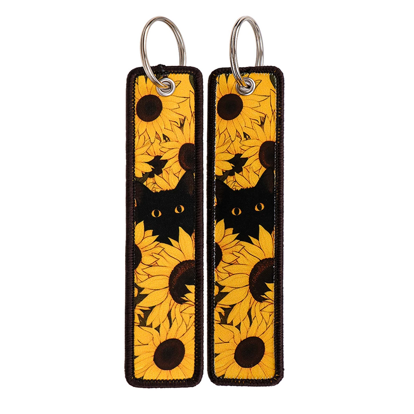 Black Cat Sunflower Embroidered Keyring Keychain