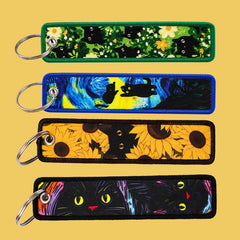 Black Cat Sunflower Embroidered Keyring Keychain