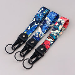 Van Gogh 'The Great Wave and Hibiscus' Wrist Lanyard Keyring Clip Keychain Starry Sky