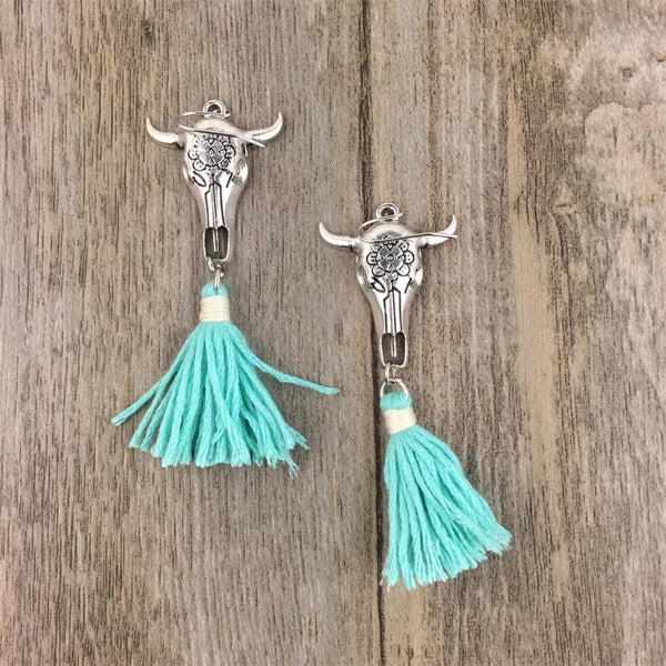 Boho Skull and Horns Cotton Tassel Earrings