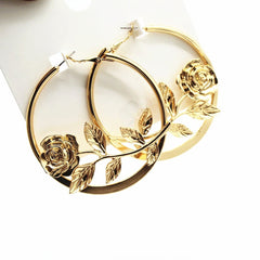 Rose Inlay Gold Flower Hoop Earrings