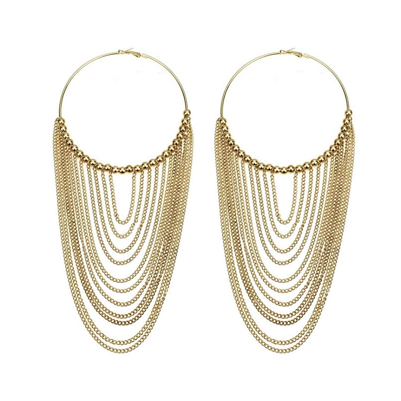 Long Circular Tassel Chain Drop Earrings