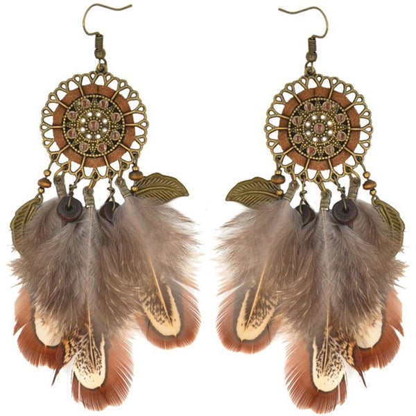 Brown Bohemian Raven Feather And Dream Catcher Earrings