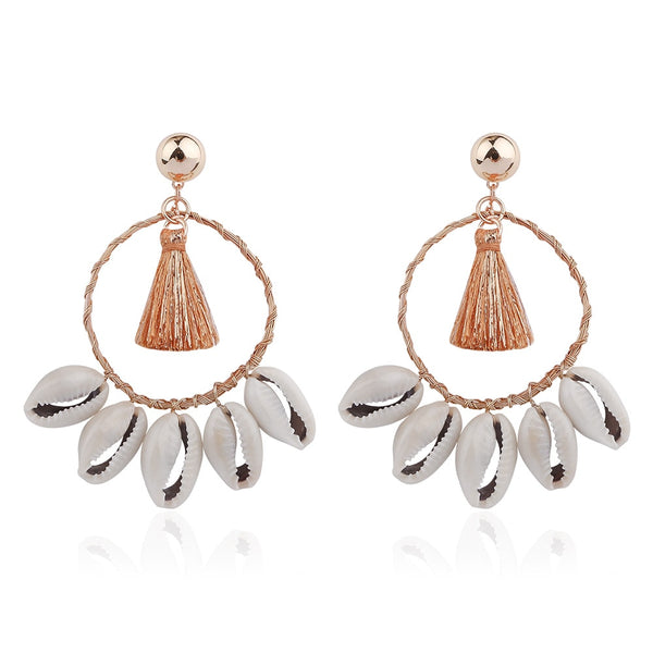 Summer Knit Wicker Sea Shell Tear Hoop Earrings