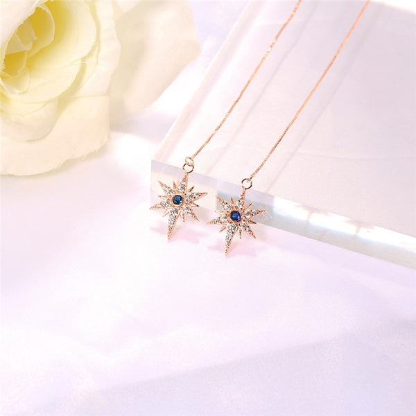 Star Pendant CZ and Blue Zircon Drop Tassel Earrings