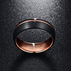 Men's 8mm Frosted Black and Offset Rose Gold Channel Tungsten Carbide Ring