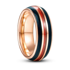 Men's 8mm Navy Carbon Fiber and Red Carbon Fiber Inlay Rose Gold Tungsten Carbide Ring