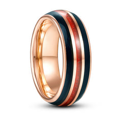 Men's 8mm Navy Carbon Fiber and Red Carbon Fiber Inlay Rose Gold Tungsten Carbide Ring