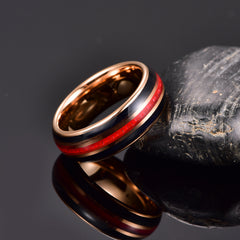 Men's 8mm Navy Carbon Fiber and Red Carbon Fiber Inlay Rose Gold Tungsten Carbide Ring