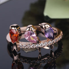 Women's Three Perched Birds CZ Rose Gold Plated Ring
