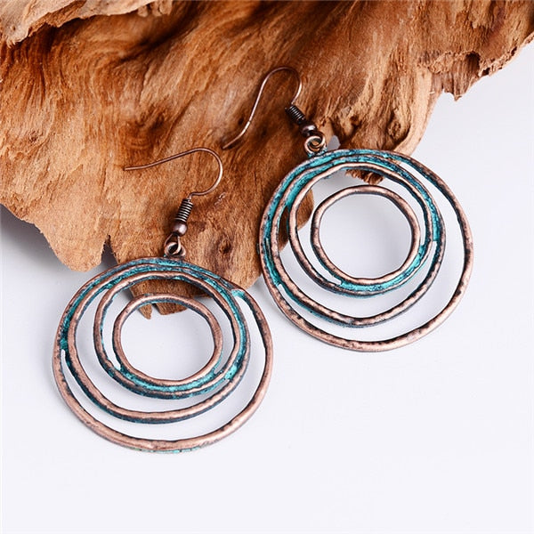 Vintage Bohemian Large Teal and Bronze Swirl Earrings