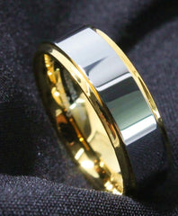 Men's 8mm Flat Silver Bevel Gold Inner Tungsten Carbide Ring