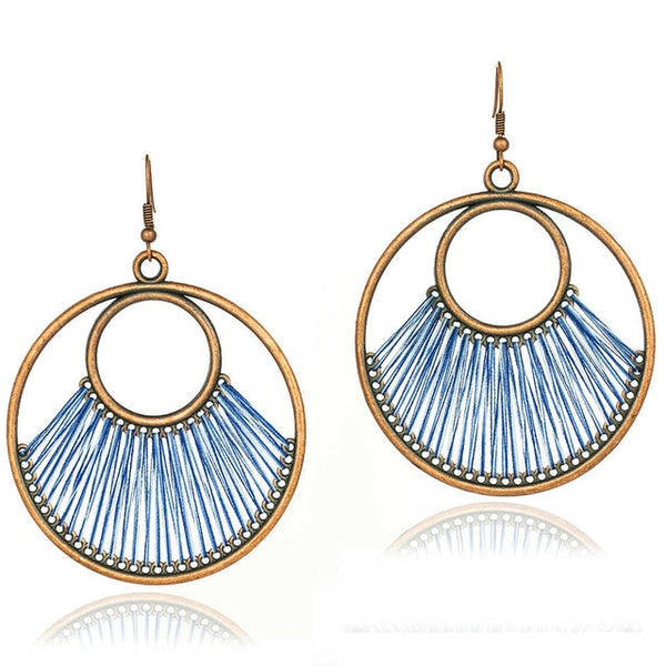 Bohemian Bronze Hoop And Blue Fringe Earrings