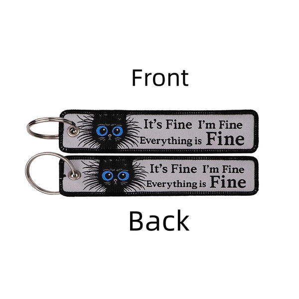 Black Cat It's Fine I'm Fine Everything is Fine Embroidered Keyring Keychain