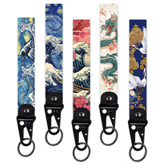 Van Gogh 'The Great Wave and Hibiscus' Wrist Lanyard Keyring Clip Keychain Starry Sky