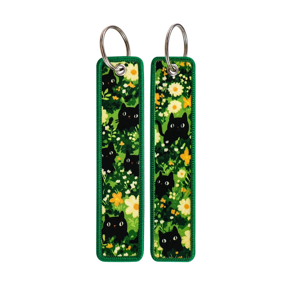 Black Cat in the Bush Embroidered Keyring Keychain