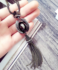 Mood Stone And Fringe Long Tassel Necklace