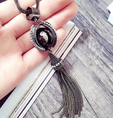 Mood Stone And Fringe Long Tassel Necklace