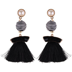 Striped Pearl Drop Post Tassel Earrings