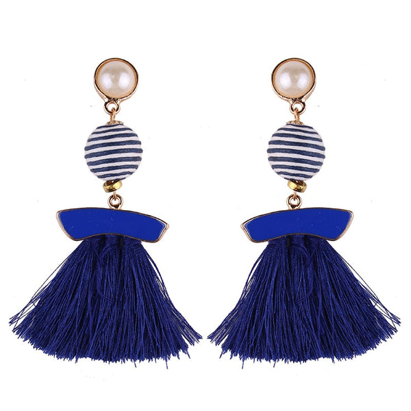 Striped Pearl Drop Post Tassel Earrings