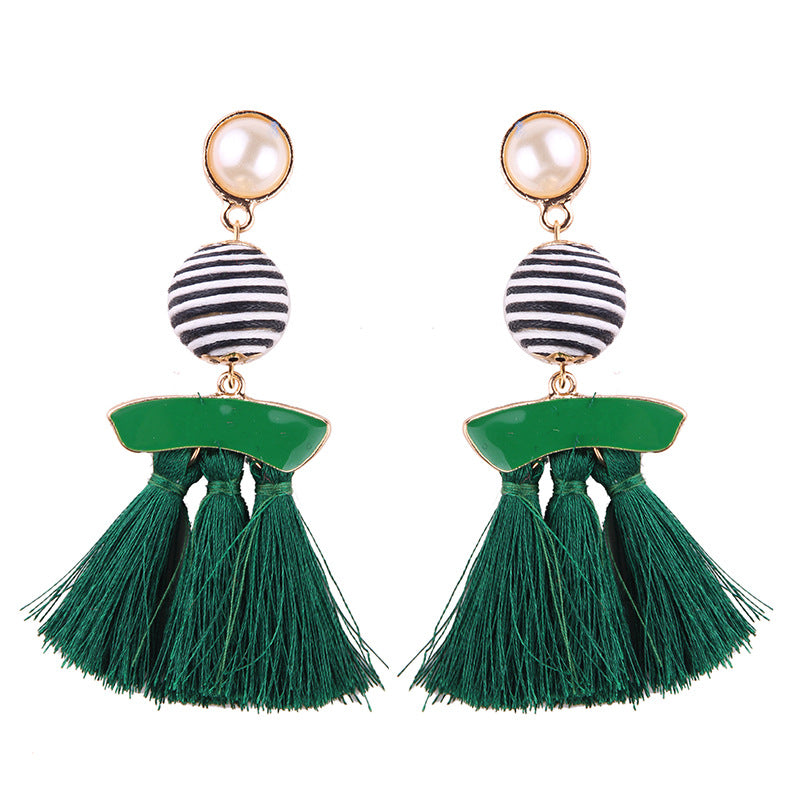 Striped Pearl Drop Post Tassel Earrings