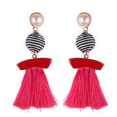 Striped Pearl Drop Post Tassel Earrings