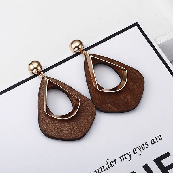 Wooden Hollow Tear Drop Post Earrings