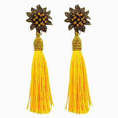 Mosaic Sunflower Burst Fringe and Tassel Earrings