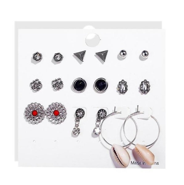 Women's Metal 9 Piece Set Hoop | Post Earrings