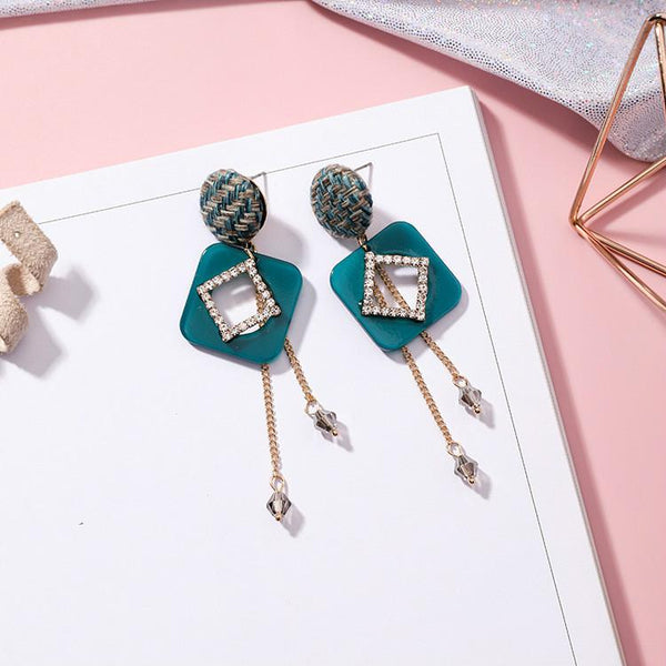 Acrylic Diamond and Tassel Drop Earrings