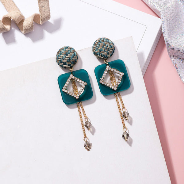 Acrylic Diamond and Tassel Drop Earrings