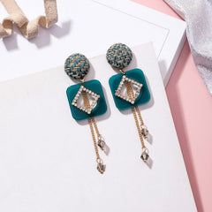 Acrylic Diamond and Tassel Drop Earrings