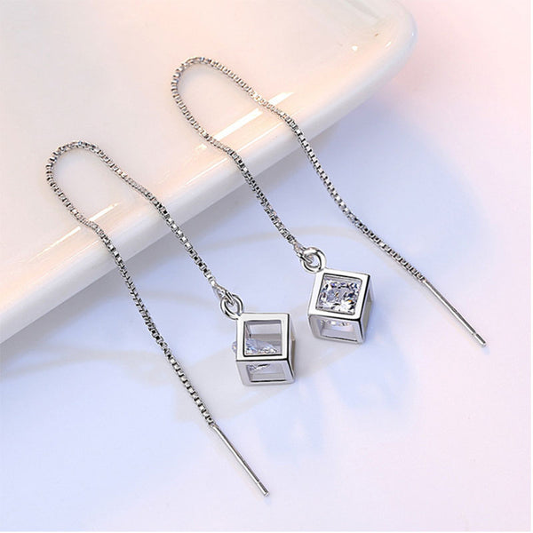 Sterling Silver and Zircon Love Cube Drop Earrings with Box Chain