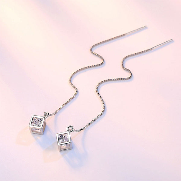 Sterling Silver and Zircon Love Cube Drop Earrings with Box Chain