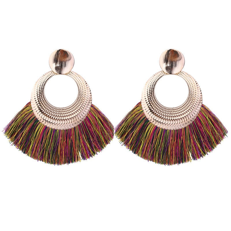 Fringe Post Round Earrings with Stamped Textured Golden Plate