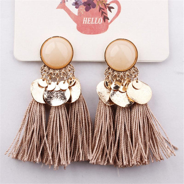 Opal Pearl and Golden Charm Coin Tassel Earrings