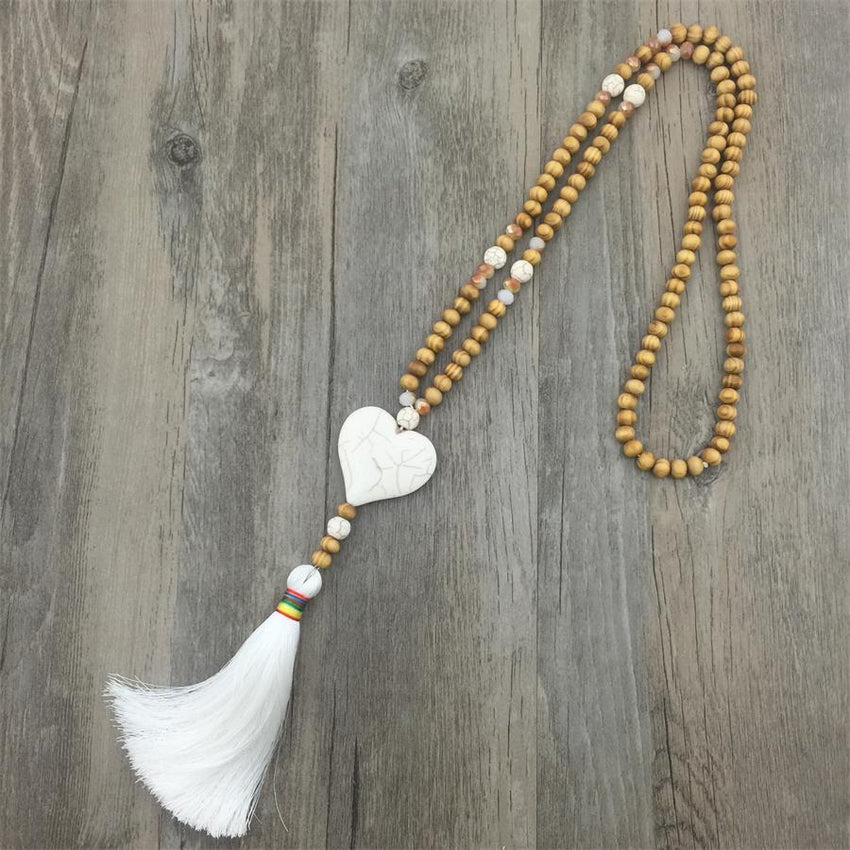 White Heart Charm Fringe And Wooden Bead Necklace