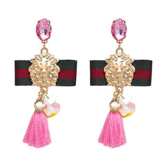 Lions Head Gem Bow and Tassel Earrings