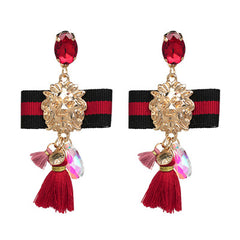 Lions Head Gem Bow and Tassel Earrings