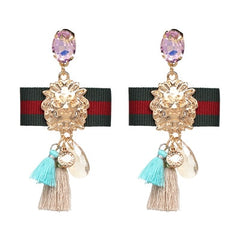 Lions Head Gem Bow and Tassel Earrings