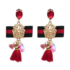 Lions Head Gem Bow and Tassel Earrings