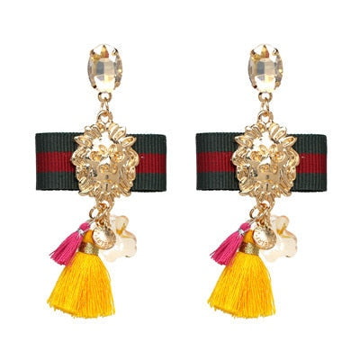 Lions Head Gem Bow and Tassel Earrings