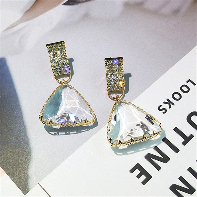 Elegant Gold Crystal Triangle Drop Post Earrings