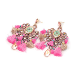 Boho Pink Fringe Fluff Gem Earrings