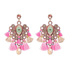 Boho Pink Fringe Fluff Gem Earrings