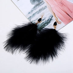 Fluffy Feather Drop Earrings With Stone Pendant