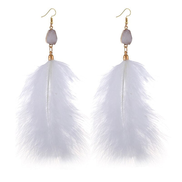 Fluffy Feather Drop Earrings With Stone Pendant