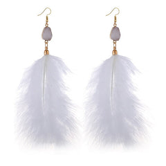 Fluffy Feather Drop Earrings With Stone Pendant