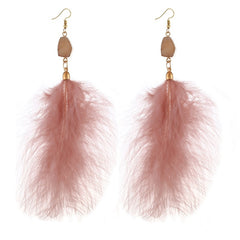 Fluffy Feather Drop Earrings With Stone Pendant